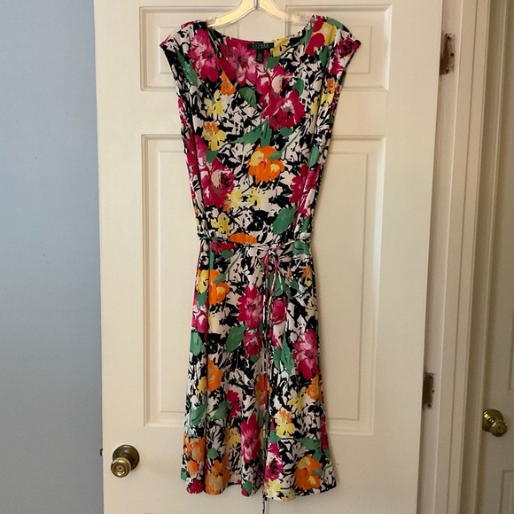 Lauren Ralph Lauren Multicolor Floral Double Layer Stretch Jersey Belted Dress L - Picture 1 of 6
